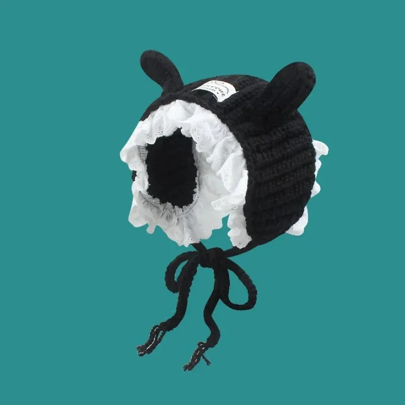 TAVIMART  -  Korean Handmade Crochet Rabbit Ears Lace Earmuffs Autumn and Winter Street Cute Sweet Knitted Lace Warm Headband for Women