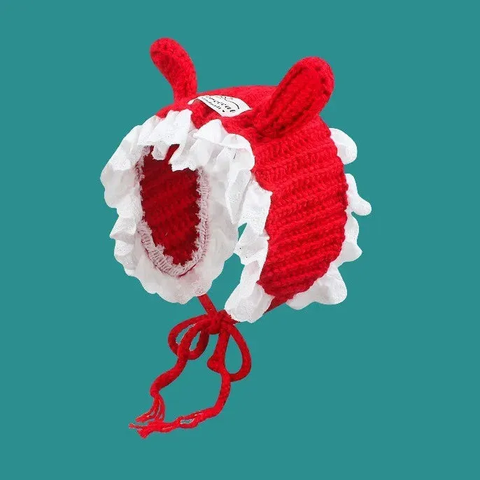 TAVIMART  -  Korean Handmade Crochet Rabbit Ears Lace Earmuffs Autumn and Winter Street Cute Sweet Knitted Lace Warm Headband for Women