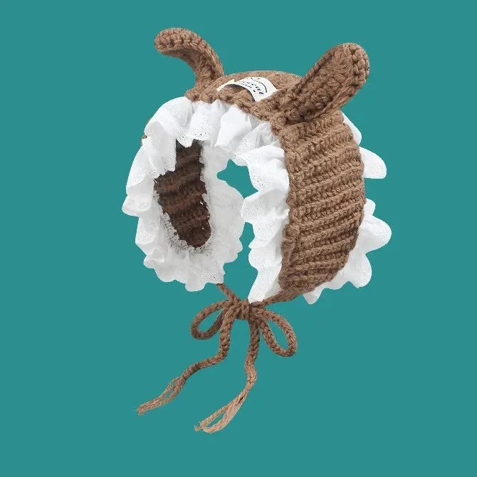 TAVIMART  -  Korean Handmade Crochet Rabbit Ears Lace Earmuffs Autumn and Winter Street Cute Sweet Knitted Lace Warm Headband for Women