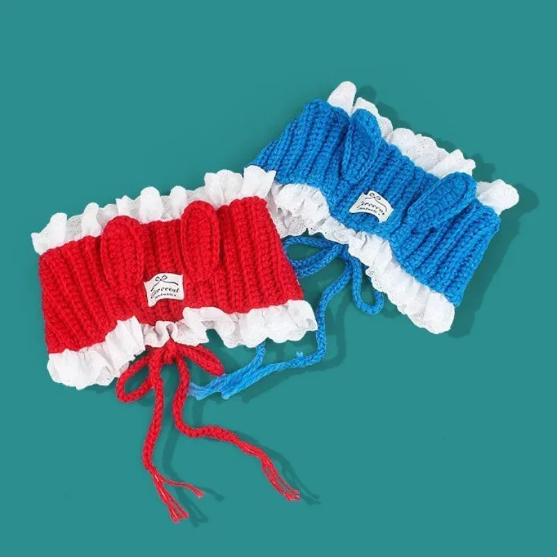 TAVIMART  -  Korean Handmade Crochet Rabbit Ears Lace Earmuffs Autumn and Winter Street Cute Sweet Knitted Lace Warm Headband for Women