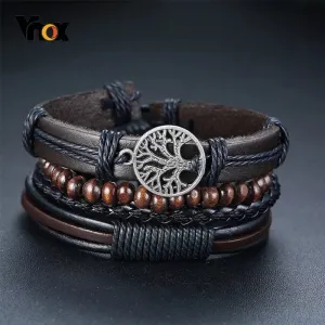 Vnox 4Pcs/ Set Braided Wrap Leather Bracelets for Men Vintage Life Tree Rudder Charm Wood Beads Ethnic Tribal Wristbands