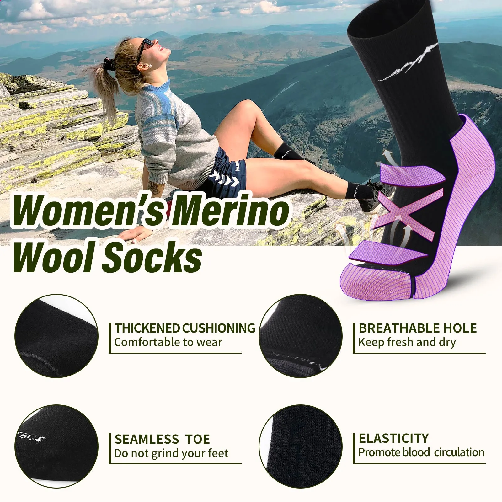 Women's Merino Hike Crew Socks Black - 4 Pairs