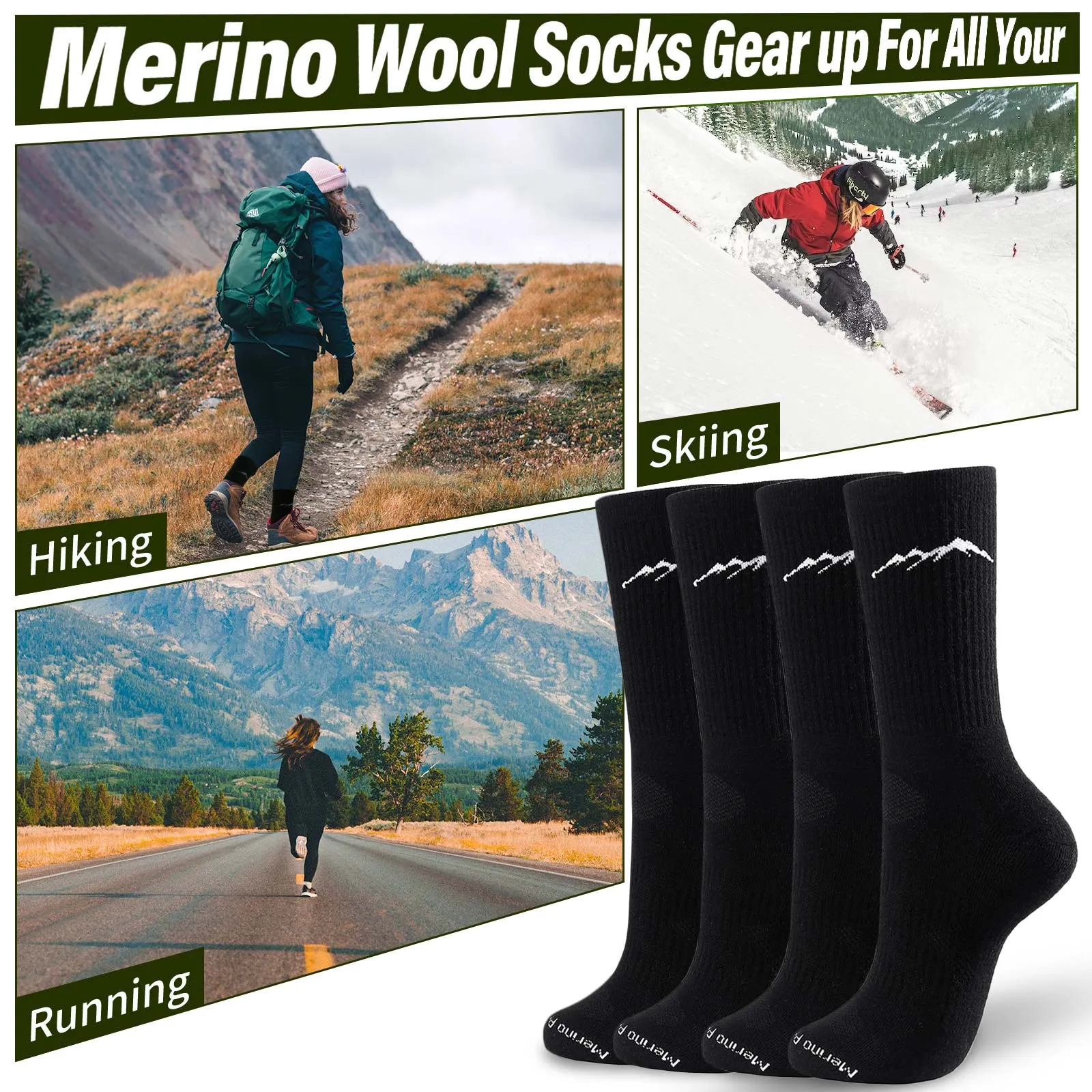 Women's Merino Hike Crew Socks Black - 4 Pairs